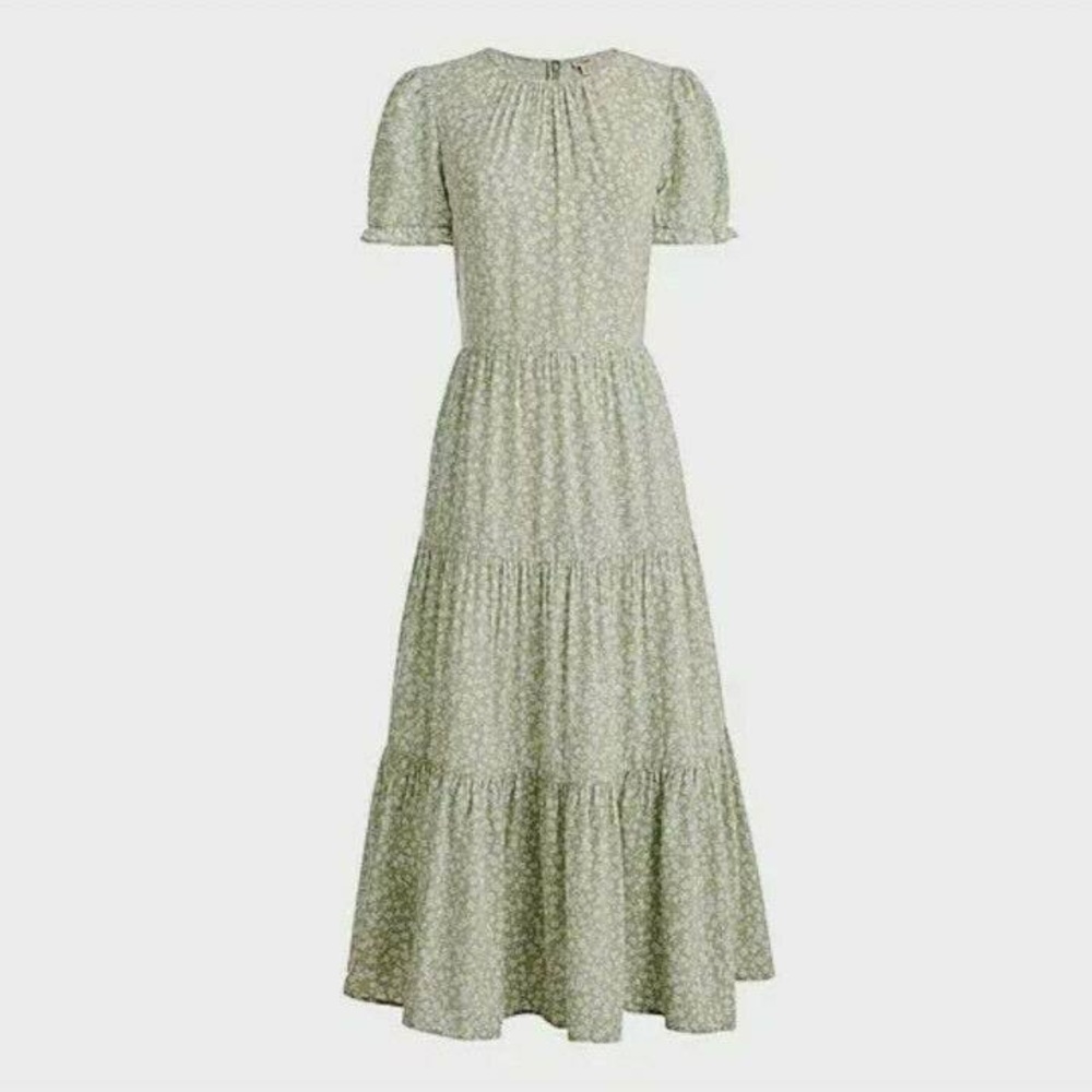 Floral puff-sleeve tiered midi dress / LARGE / FEATHERED SAGE WHITE